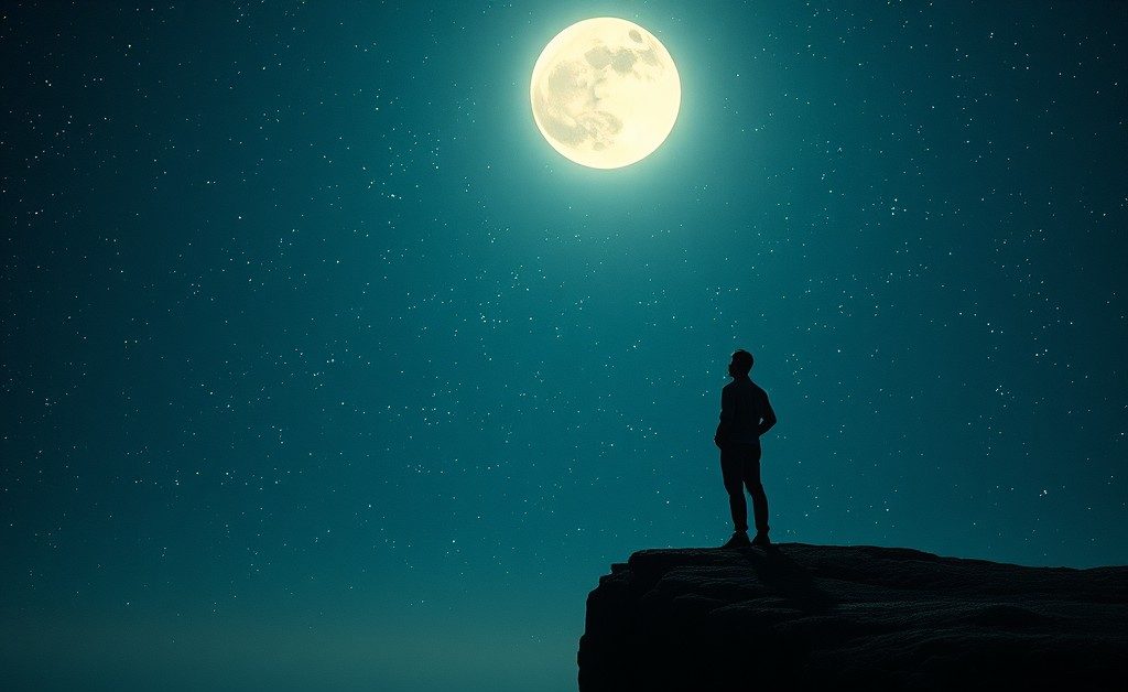 Man on cliff on night of full moon