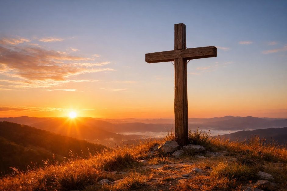 Wooden cross on a grassy hill with sunset and mountains in background